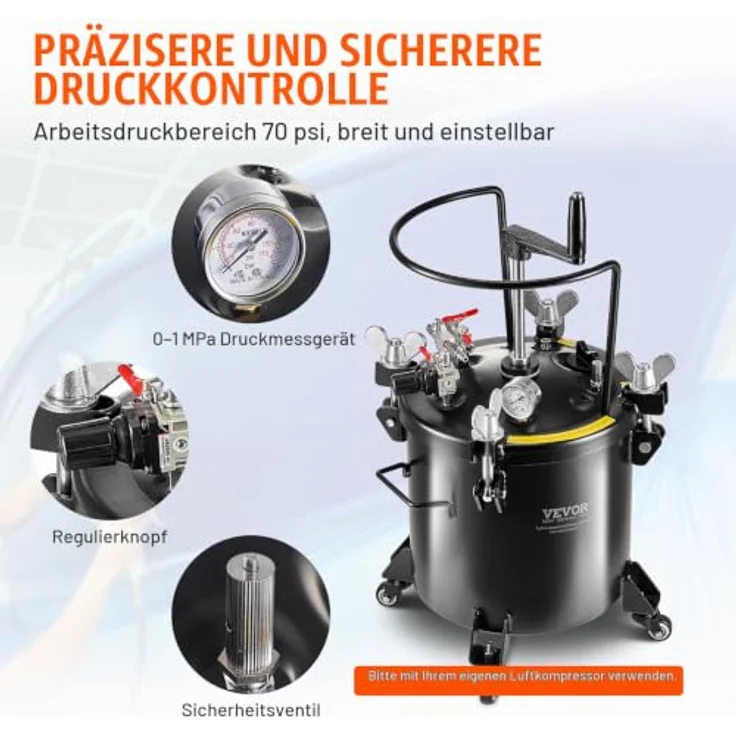 VEVOR 20 L Druckbehälter für Sprühfarbe, 70 psi einstellbarer Druck, mobil mit Rollen und Dichtmittel zur Leckreparatur für Heimdekoration und industrielle Lackierung – Bild 5