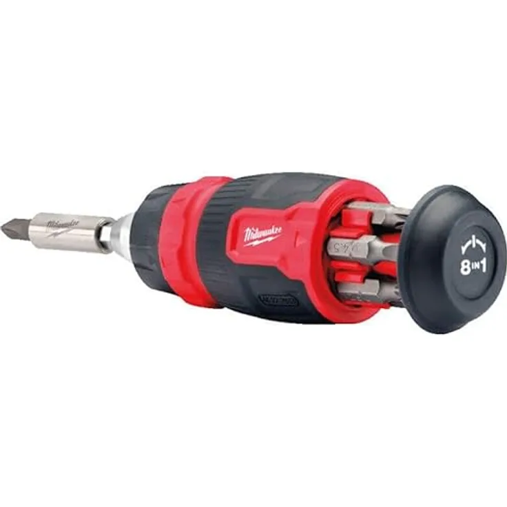 Milwaukee Stubby Schraubendreher Set, 8-teilig mit Ratschenfunktion und magnetischem Bithalter, 27-in-1 inklusive 7 Bits PH/PZ/TX/SL, 1/10.2 cm für Akku-Werkzeuge