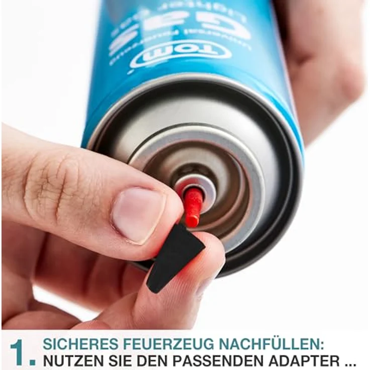 TOM LG-300 Feuerzeuggas, 300 ml Nachfüllkartusche für Sturm- und Stabfeuerzeuge, vielseitig einsetzbar mit 5 Adaptern – Bild 6