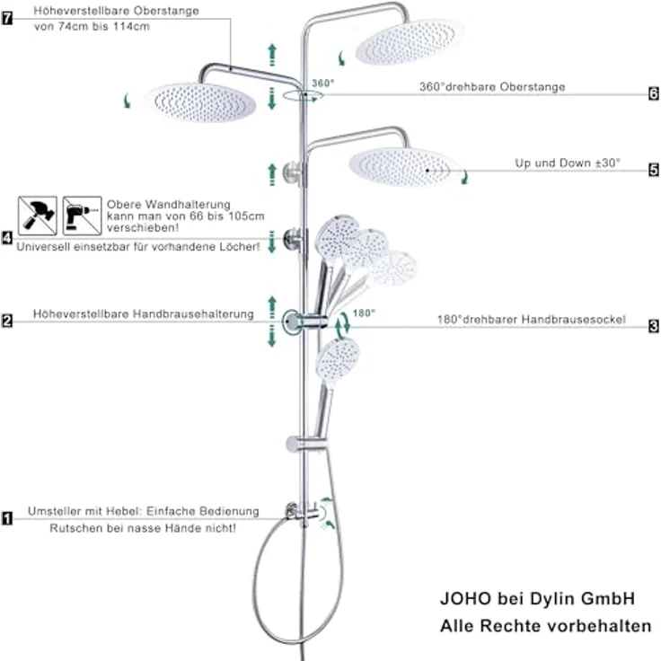 JOHO 304 Edelstahl Duschsystem, Chrom Regendusche Set mit Wandhalterung, Duschkopf und Schlauch, Runde Kopfbrause D30 cm, wassersparend, verstellbare Duschstange – Bild 5