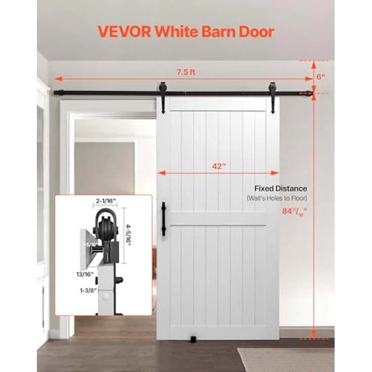 VEVOR Schiebetür im Scheunenstil, 1067 x 2134 mm, MDF-Platten, wasserfest mit PVC-Oberfläche, H-Rahmen, für Wohnzimmer und Badezimmer, Weiß – Bild 2