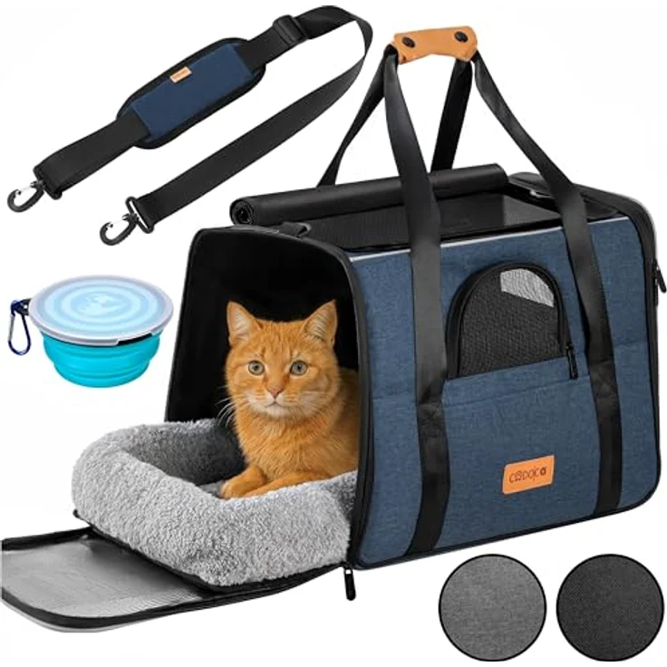 Cadoca Tiertransportbox, faltbare Transporttasche für Hund und Katze, blauer Stoff, mit wendbarem Liegekissen, Reflektoren und faltbarem Trinknapf – Bild 1