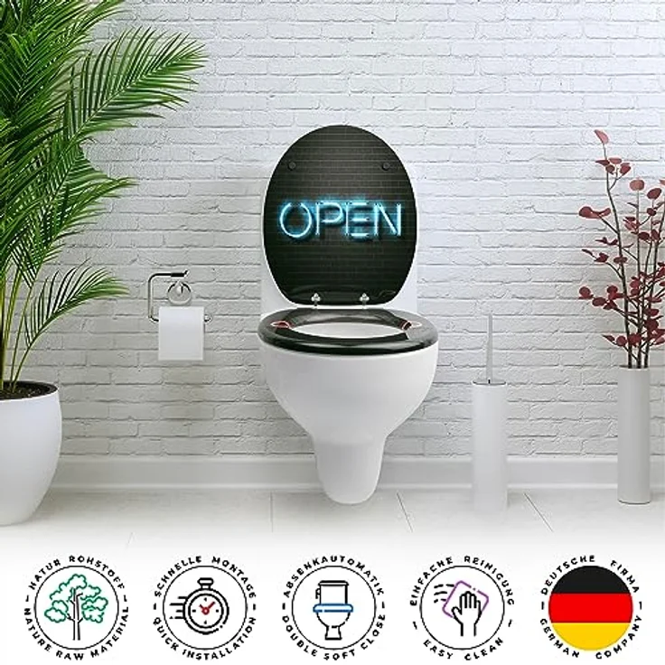 Sanfino WC Sitz Open-Closed, Toilettendeckel aus Holz mit Absenkautomatik, schwarzes Backstein Design mit neonfarbigem Schriftzug – Bild 4