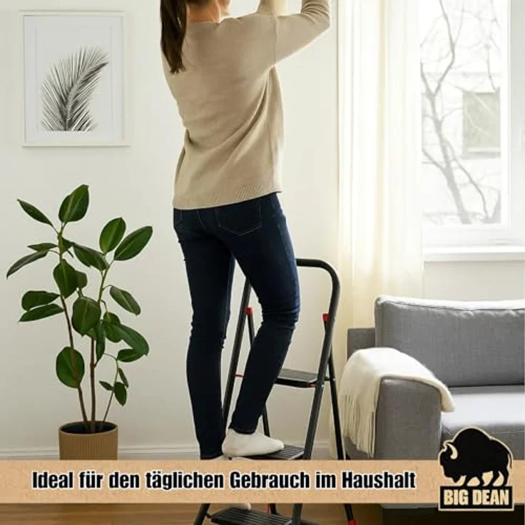 BigDean Trittleiter 3 Stufen klappbar, TÜV geprüfte Sicherheit, bis 150 kg belastbar, rutschfester Stand, schwarz – Bild 6