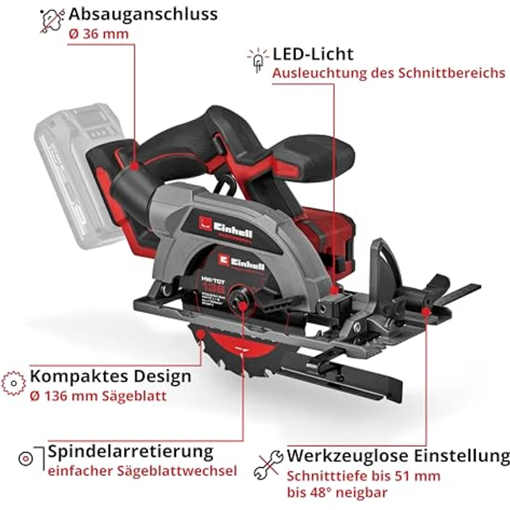 Einhell Professional Akku-Handkreissäge TP-CS 18/136-C Li BL, Brushless Motor, 51 mm Schnitttiefe, werkzeuglose Einstellung, Solo Power X-Change (18 V, Ø 136 mm Sägeblatt) – Bild 3