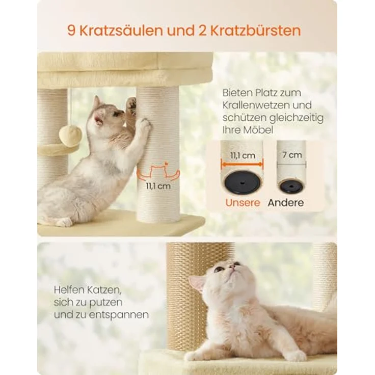 Feandrea Kratzbaum mit selbstwärmenden Decken für große Katze, Katzenbaum mit 2 Katzenbürsten, 11,1 cm d Dicke Stämme, große Plattformen, Höhle, 50 x 50 x 160 cm, sandbeige-beige PCT003Y01 – Bild 4