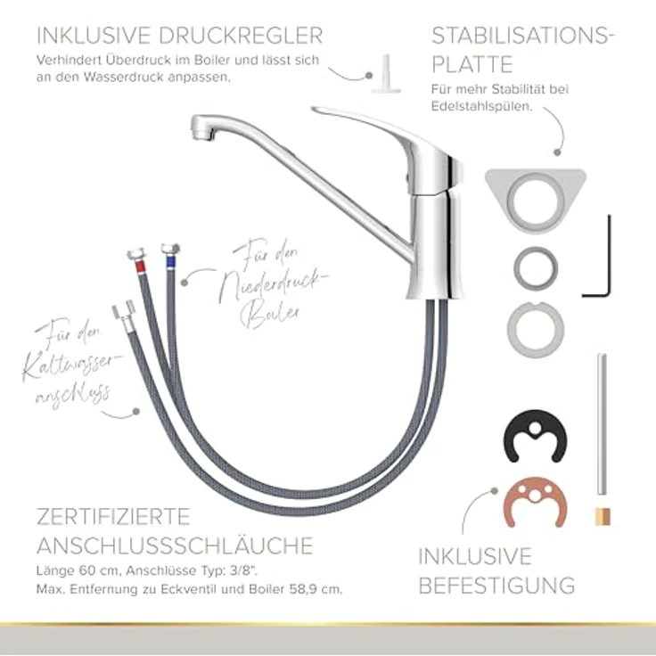 Lenz KELA Niederdruck Küchenarmatur für Boilerbetrieb, Chrom, schwenkbarer Auslauf, spritzfreie Markenmischdüse, langlebige keramische Markenkartusche – Bild 5