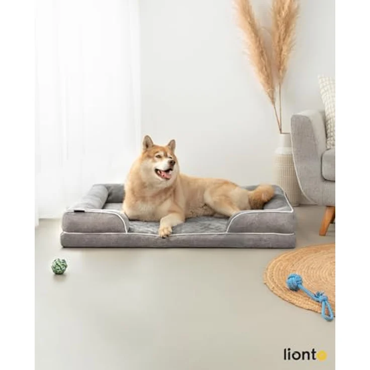 lionto orthopädisches Hundebett mit erhöhtem Rand, 122x89x20 cm, robustes Hundekissen aus weichem Flanell, abnehmbarer & waschbarer Bezug, rutschfest, grau, für kleine & große Hunde + Katzen – Bild 2