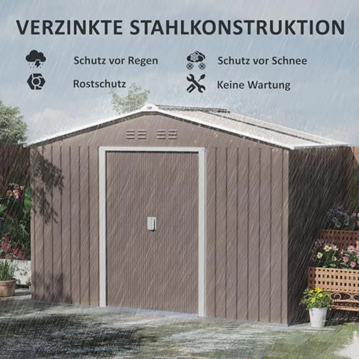 Outsunny Verzinkter Stahl Gerätehaus 4,9m² 277x195x192cm Geräteschuppen mit Satteldach, Fundament, Abschließbarer Schiebetür, wetterfest Hellgrau – Bild 4
