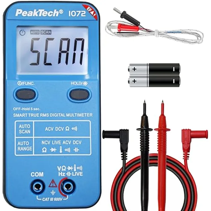 PeakTech P1072 – True RMS Digital Multimeter SMART mit Auto-Range, 4.000 Count LCD-Anzeige, bis 600V AC/DC, NCV, Live-Test, CAT III 600V, robustes ABS-Gehäuse