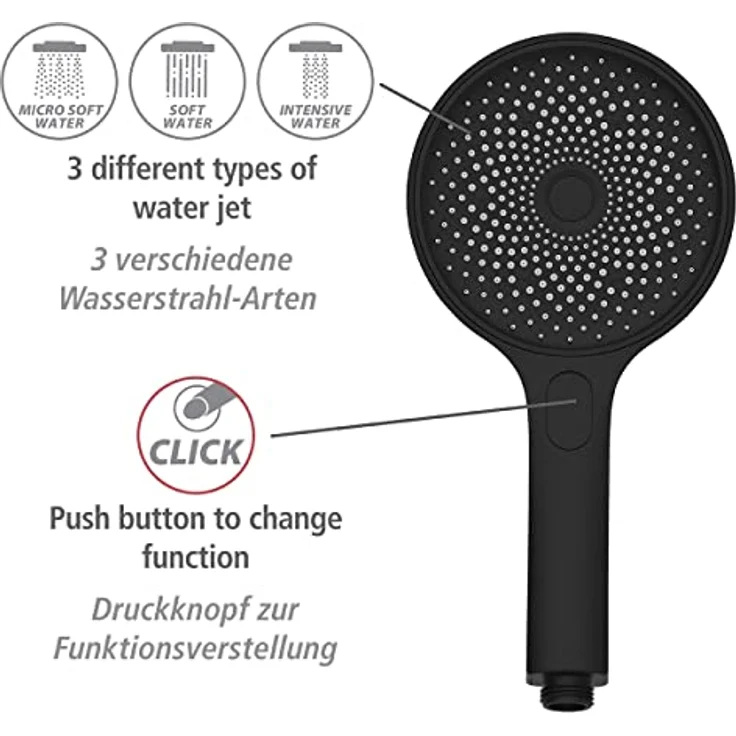 WENKO Softwater Duschkopf, 3 Strahlarten, Universalhandbrause spritzarm und leise in der Funktion, Duschbrause, super sanftes Wasser dank mehr Düsen am Brausekopf, Duschkopf Ø 13 cm, ABS Schwarz matt – Bild 4