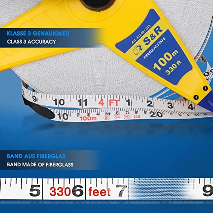 S&R Bandmaß Fiberglas 100m / 330 Ft-Fuß doppelt markiert, Rollband Breite 13mm, Roll Maßband mit Metallring und Zentrierspitze - Preisvergleich – Bild 3