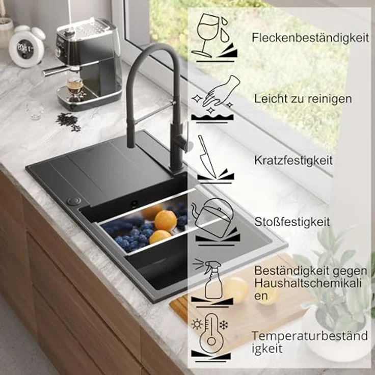 Quadron EVAN 136 XL, Granitspüle in Pure Carbon & Golden, 86 x 50 x 21 cm, Einzelbecken Spüle mit Abtropffläche und manuellem Siphon – Bild 2