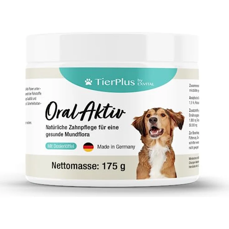 EXVital TierPlus Zahnpflege Pulver für Hunde, 175g Dose bei Zahnstein, gelben Zähnen, Mundgeruch & Plaque - Natürliche Zahnreinigung & Mundpflege für den Hund – Bild 1