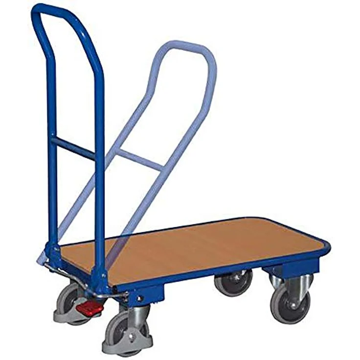 Variofit Transportwagen, Klappbügelwagen (150 kg) aus geschweißtem Stahl mit klappbarem Schiebegriff, Buche-Dekor, pulverbeschichtet in Gentianblau – Bild 2