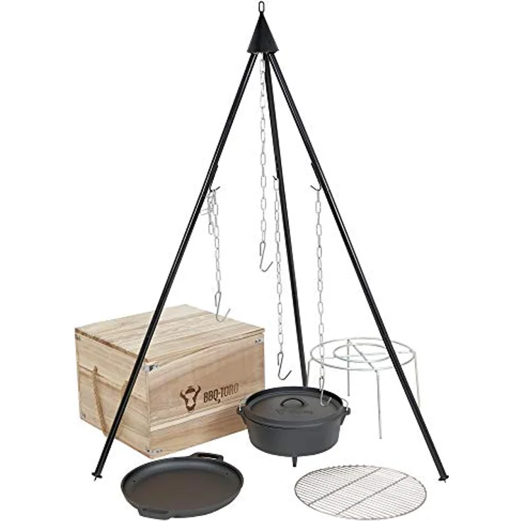BBQ-Toro 6-teiliges Dutch Oven Kit in Holzkiste | Gusseisen, bereits eingebrannt - preseasoned | Set aus Topf, Pfanne, Grillrost, Holz Kiste und Dreibein | Für Camping, Outdoor, Garten und Terrasse – Bild 1