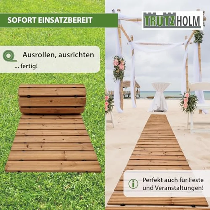 TRUTZHOLM 2X Holzpfad ausrollbar 250x43x2 cm rustikales Tannenholz mit Anti-Rutsch Oberfläche wetterfester Holzweg für Garten, Hinterhof, Strand - Pflegeleichter Rollweg zur Gartengestaltung – Bild 4