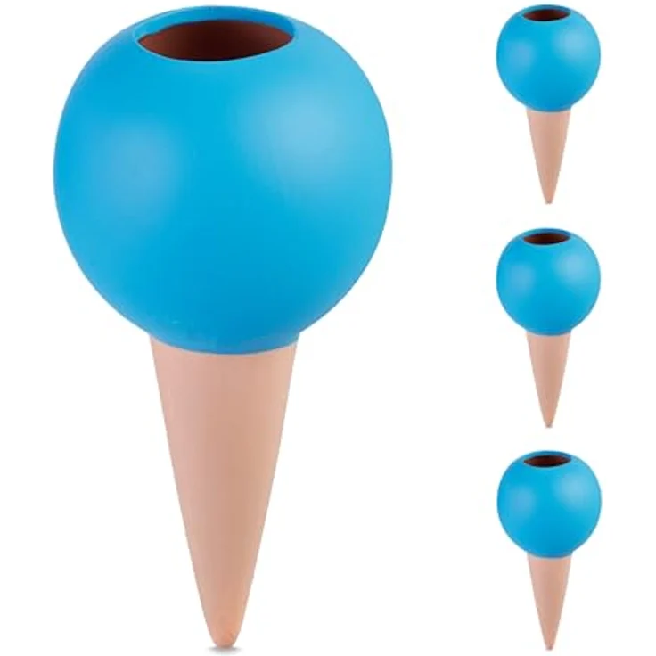relaxdays Bewässerungssystem Tonkegel 4er Set, automatische Pflanzenbewässerung aus Keramik, Terrakotta und Blau – Bild 1