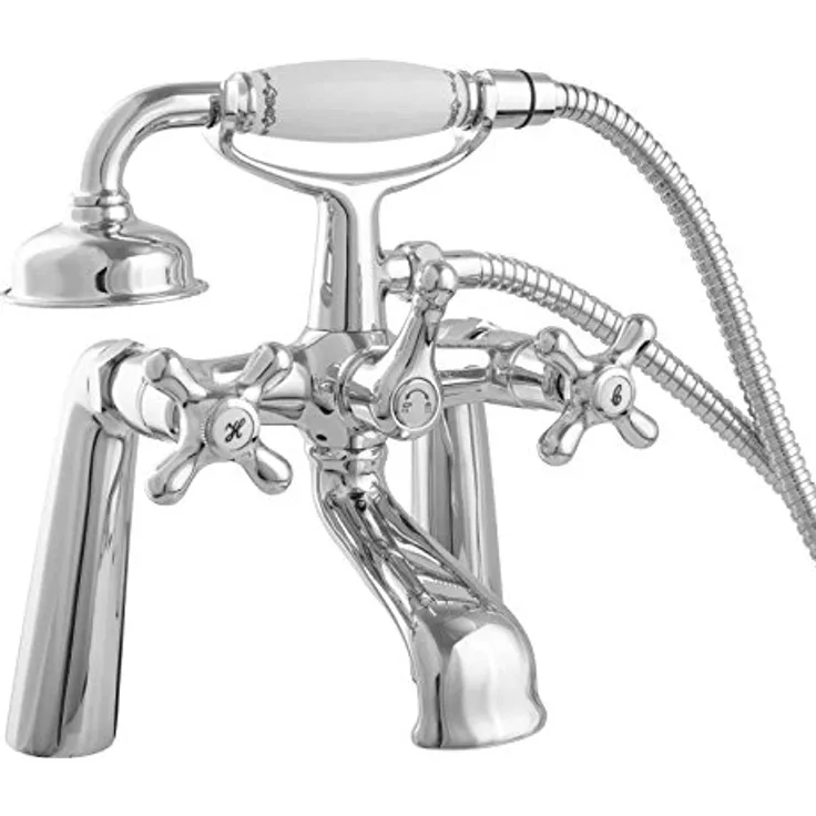 PaulGurkes Nostalgie Wannenarmatur, Retro Standarmatur aus massivem Messing mit Keramikgriff, verchromt, inkl. 150 cm Brauseschlauch