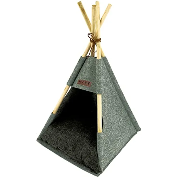 Spetebo Haustier Zelt aus Holz und Filz in grau mit Kissen - ca. 80x44x42 cm - Stabiles Katzen Tipi Hunde Zelt Haus Bett waschbar Schlafplatz