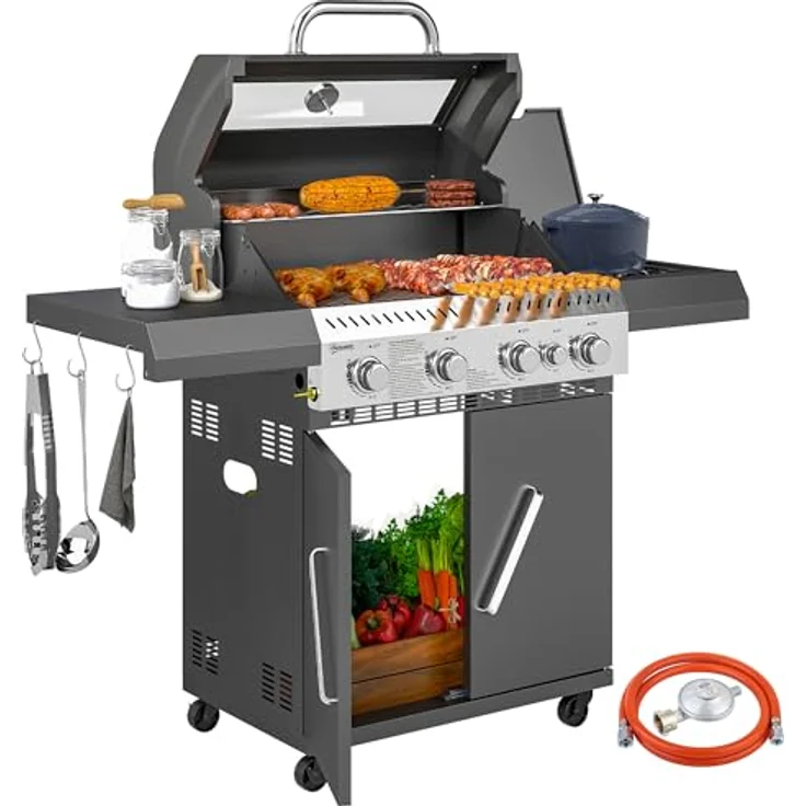 Outsunny Gasgrill 12 KW Grillwagen, 5 Brenner mit Seitenkocher, 2 Heizzonen, Thermometer und Seitenablagen, BBQ Gartengrill für Balkon, 135 x 54 x 110 cm – Bild 1