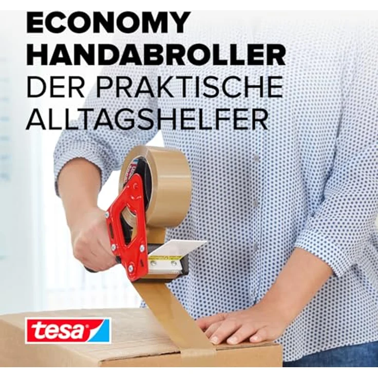 tesa Packband Handabroller ECONOMY - robuster Abroller für Paketbänder - Profi-Qualität - Für Klebebänder mit bis zu 50 cm Breite - Preisvergleich – Bild 2
