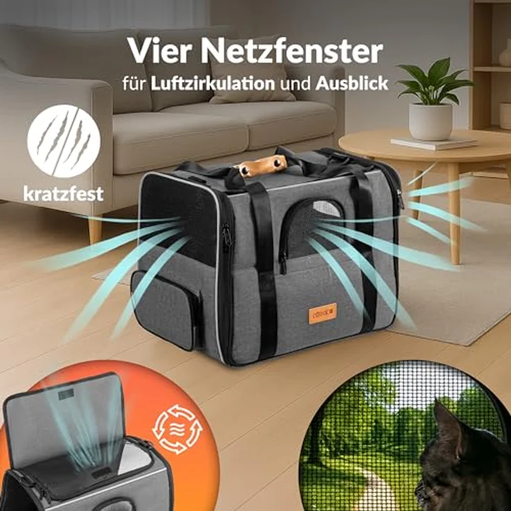 Cadoca Tiertransportbox, Faltbare Transporttasche für Hunde und Katzen, grau, mit wendbarem Liegekissen und Sonnenschutz – Bild 3
