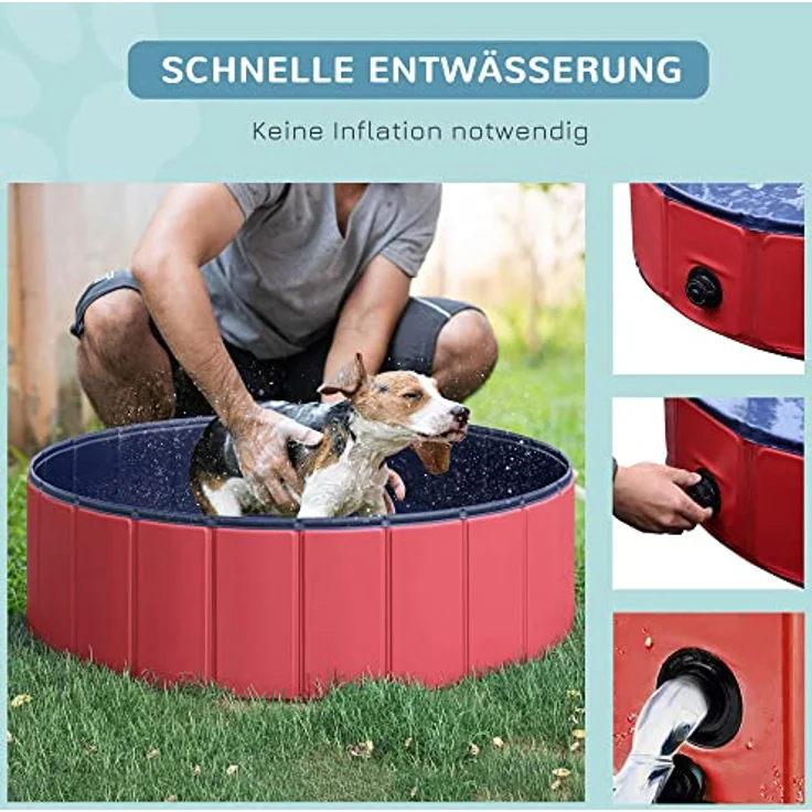 PawHut Hundepool Planschbecken Schwimmbecken Schwimmbad Hundebad PVC+Holz Φ100x30cm Rot – Bild 4
