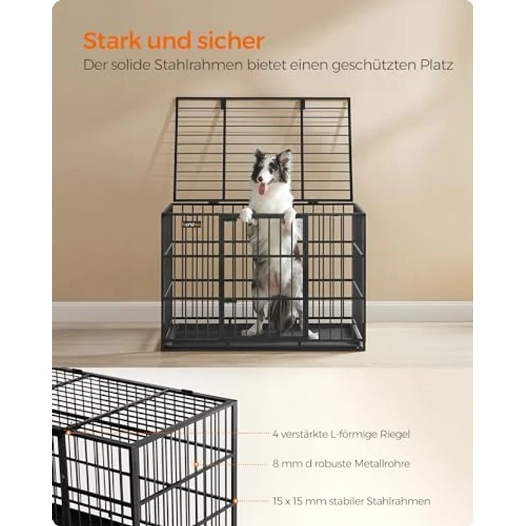 Feandrea Hundekäfig hochbelastbar, Hundebox, 107 x 70 x 75 cm, für mittelgroße und große Hunde, mit herausnehmbarer Bodenschale, Doppeltüren, leicht zu reinigen, tintenschwarz – Bild 3