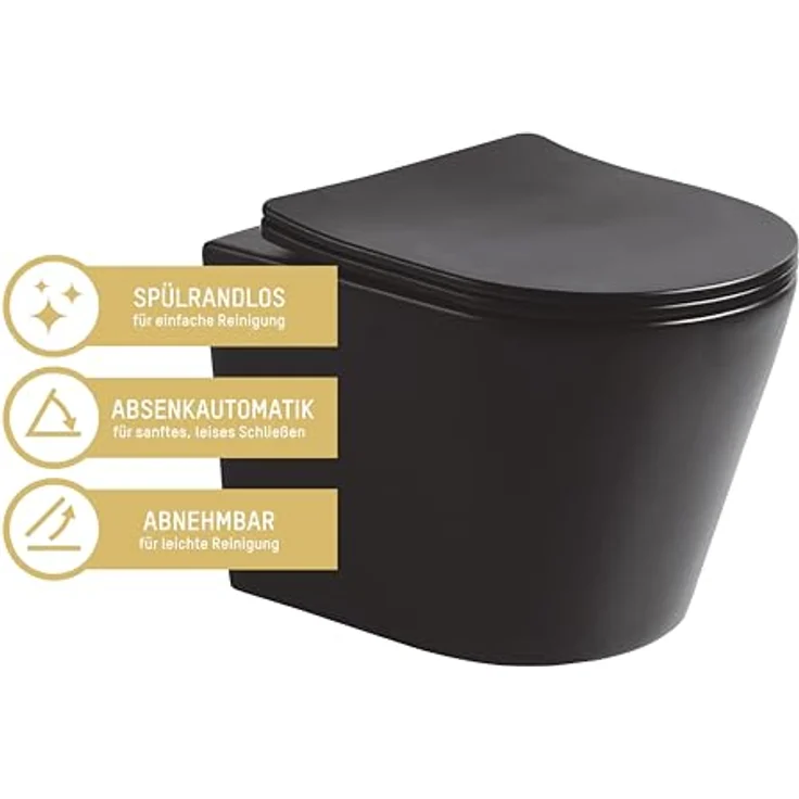 sanicomfort Hänge WC Set Nakia – Spülrandloses Tiefspüler-Wand-WC in Matt Schwarz, Hygienisch, Kompakt mit Soft-Close WC-Sitz – Bild 2