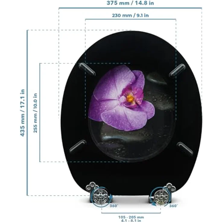Sanfino WC Sitz Way of Orchid, Toilettendeckel aus Holz mit Absenkautomatik, schwarz, verchromte Metallscharniere, einfache Montage, 43,5 x 37,5 cm – Bild 5
