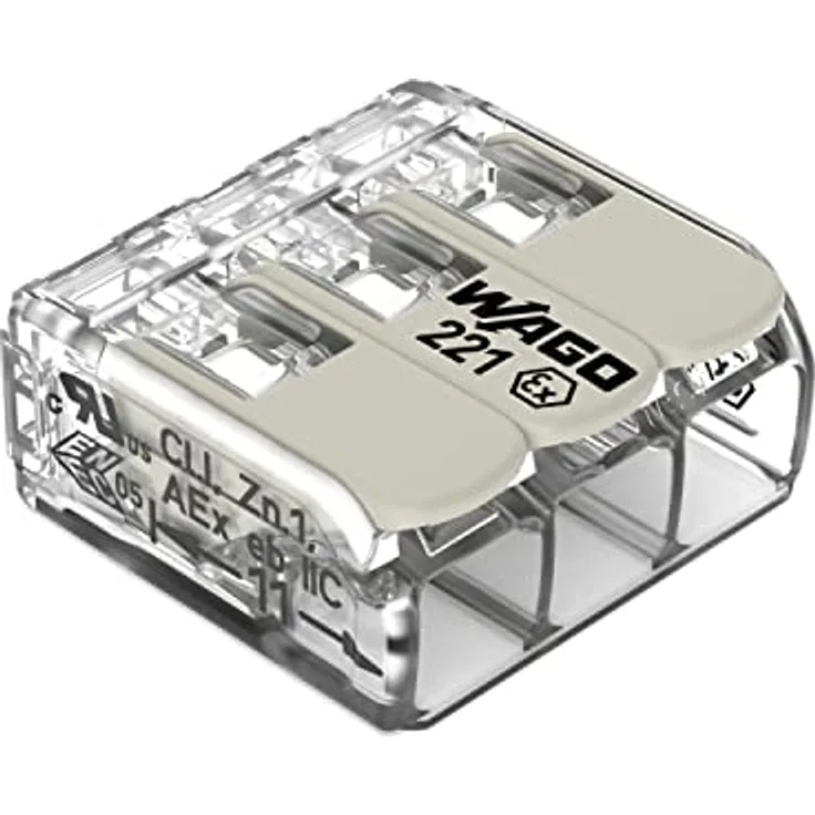 WAGO 221-483 Verbindungsklemme, flexibel für 0,20-4mm², 3-polig, Transparent, Weiß, mit Hebelanschluss