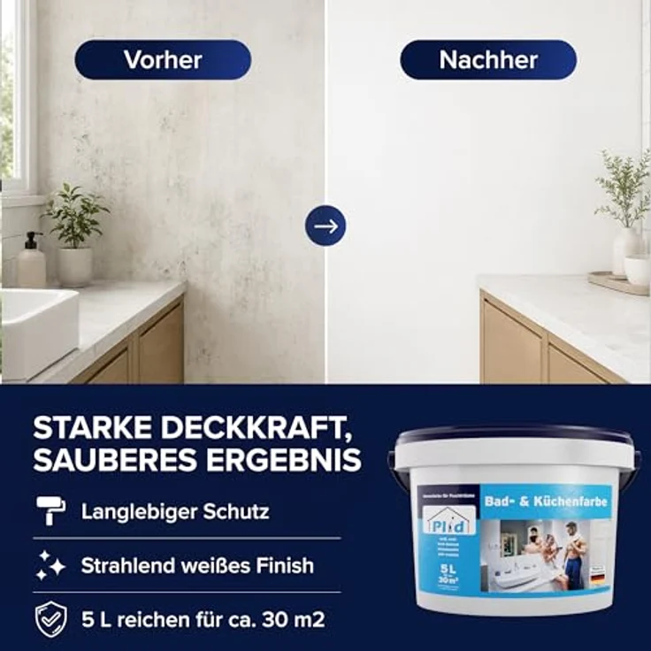 Plid Bad- & Küchenfarbe Weiß, 5L Set, hochdeckende Feuchtraumfarbe für Innen, schimmelresistent – Bild 4