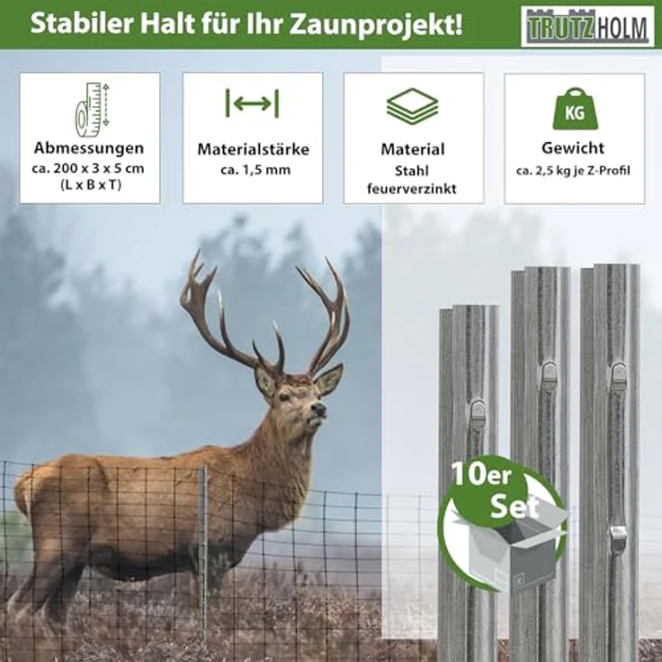 Trutzholm 10x Z-Profil Zaunpfosten 2 m verzinkt Zaunpfähle inkl. Haken Forstprofil – Bild 3