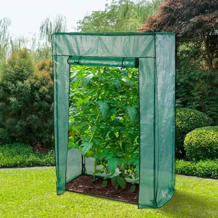 Tomaten Treibhaus in grün mit Metallrahmen - 150 x 100 cm - Garten Folien Gewächshaus für Obst und Gemüse - Frühbeet Pflanzen Anzucht Schutz Zelt mit Gitterfolie und Tür – Bild 3