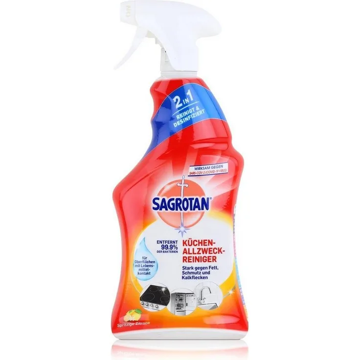 SAGROTAN Küchen-Allzweckreiniger Zitrone, 750ml Sprühflasche mit Desinfektionsmittel für hygienische Sauberkeit