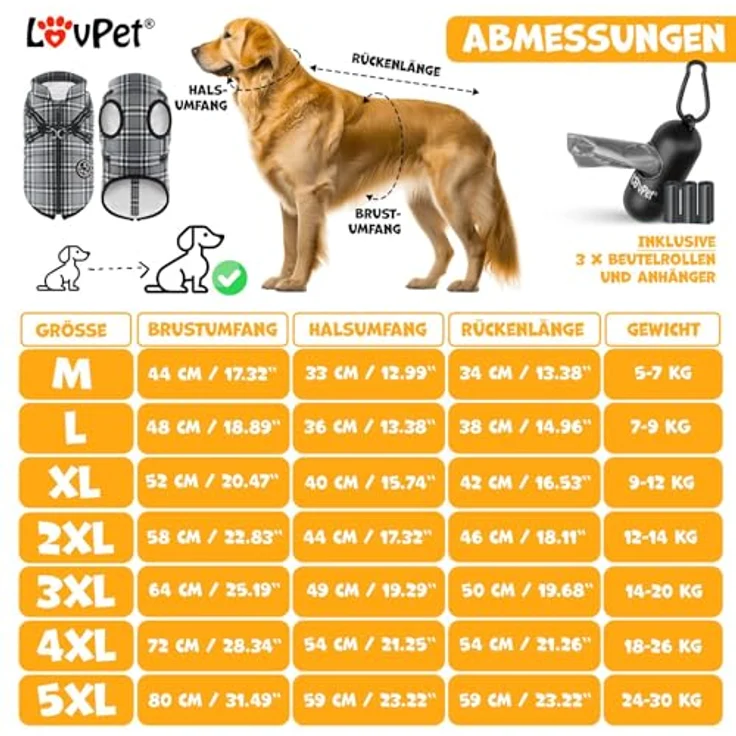LOVPET® Hundejacke Hundemantel mit Geschirr, inkl. 45 Stück Kotbeutel + Spender, Hunde Winterweste gefüttert wasserdicht, Gepolsterte Weste Mit Brustgurt, Reflektoren, D-Ring 5XL, Grau – Bild 2