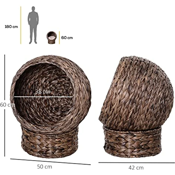 PawHut Rattan Katzenkorb Katzenhütte Katzenhöhle Katzenbett mit Kissen Haustierbett aus Wasserhyazinthe für Wohnzimmer Dunkelbraun 50 x 42 x 60 cm – Bild 3
