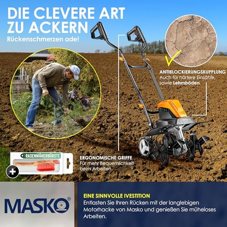 MASKO elektrische Motorhacke 1500 Watt, 40cm Arbeitsbreite 20cm Arbeitstiefe, klappbarer Handgriff, Metallgehäuse, Transporträder Orange - Preisvergleich – Bild 6