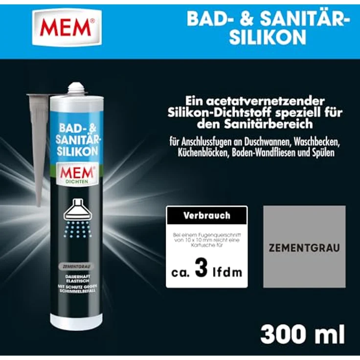 MEM Bad- & Sanitär-Silikon, Dauerhaft elastischer Silikon-Dichtstoff mit Schutz gegen Schimmelbefall, Im Innen- und Außenbereich, Gebrauchsfertig, Lösemittelfrei, 300 ml Kartusche, Zementgrau – Bild 2