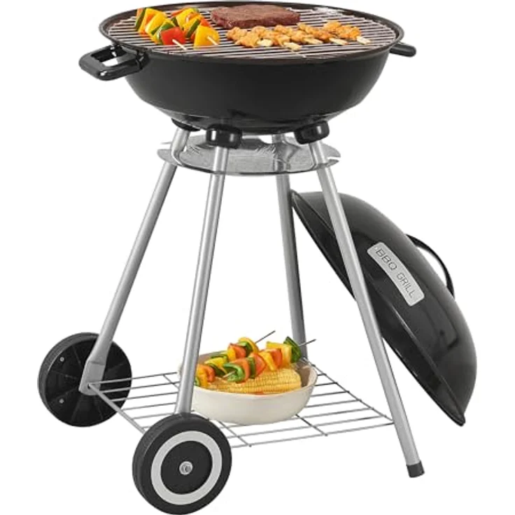 casa.pro Rundgrill Apricena Holzkohlegrill Kugelgrill BBQ Grillrost aus emailliertem Edelstahl Gartengrill 2 Räder abnehmbarer Deckel 80x49x47cm Schwarz – Bild 3