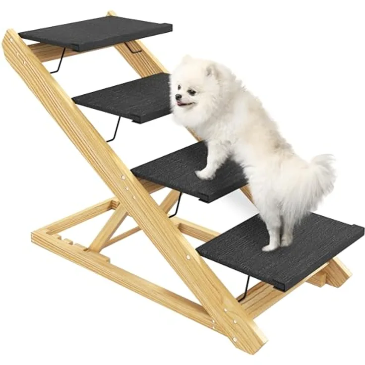 PawHut 2 in 1 Hundetreppe 4-stufige 62,5 cm Höhenverstellbar Haustiertreppe Klappbar Hunderampe mit Rutschfester Oberfläche für große Hunde bis 40 kg, Katze, Natur