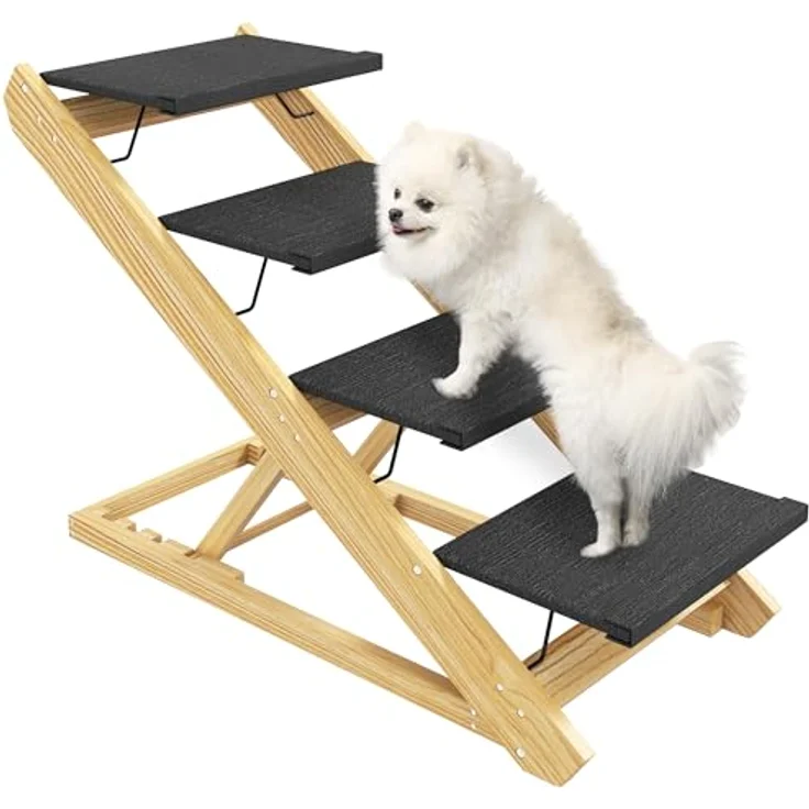 PawHut 2 in 1 Hundetreppe 4-stufige 62,5 cm Höhenverstellbar Haustiertreppe Klappbar Hunderampe mit Rutschfester Oberfläche für große Hunde bis 40 kg, Katze, Natur – Bild 1