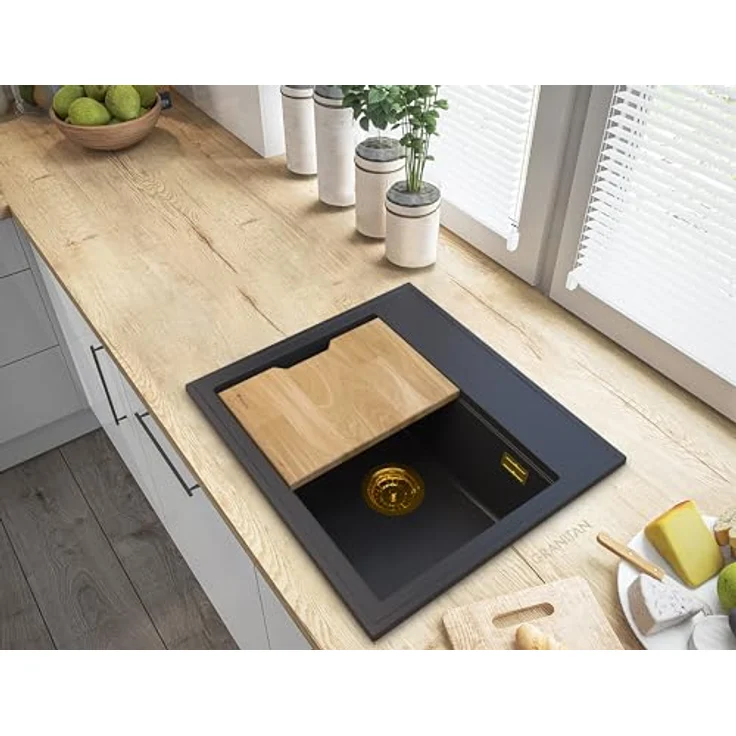 Granitan Granitspüle FOXAL Küchenspüle, Temperaturwechselbeständig, große Beckentiefe 19,5cm, Platzsparend, 55,5 x 46,5 cm, GraniProtect Imprägnierung 30ml, Holzspülenbrett, Chrom Handsiphon – Bild 2