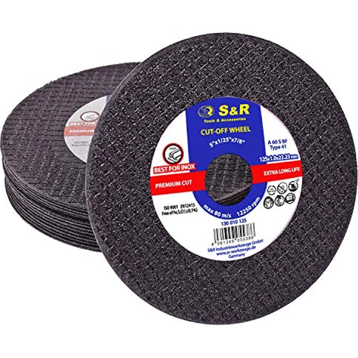 S&R Trennscheiben in Industrie-Qualität für Metall, Edelstahl/INOX, 125 x 1,0 x 22,23 mm, 15-tlg. Set, A60 S-BF, Premium Cut, extra hohe Standzeit, für Winkelschleifer – Bild 1