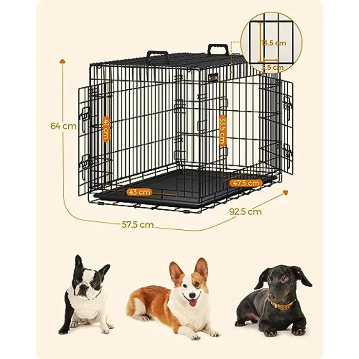 Feandrea Hundekäfig, klappbar, mit 2 Türen, ausziehbare Kunststoffschale, 92,5 x 57,5 x 64 cm, L, schwarz PPD36H – Bild 4