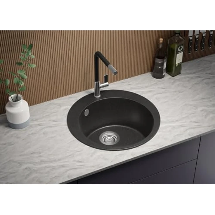 Primagran Spülbecken Rund Anthrazit 50x50cm, Granitspüle 1 Becken + Ablauf-Set + Schneidebrett, Küchenspüle ab 45er Unterschrank - Top, Hitzebeständig, Schmutzabweisend, 35 Jahre Herstellergarantie – Bild 2
