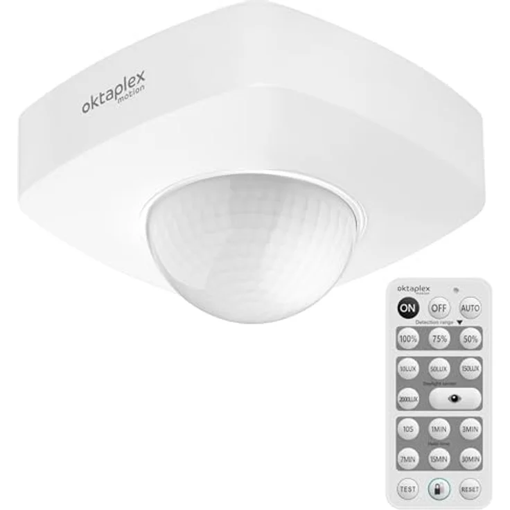 Oktaplex motion Bewegungsmelder Tim, 360 Grad PIR Sensor für außen mit IP65, inkl. Fernbedienung, Reichweite bis 9m, weiß (2-St) – Bild 1