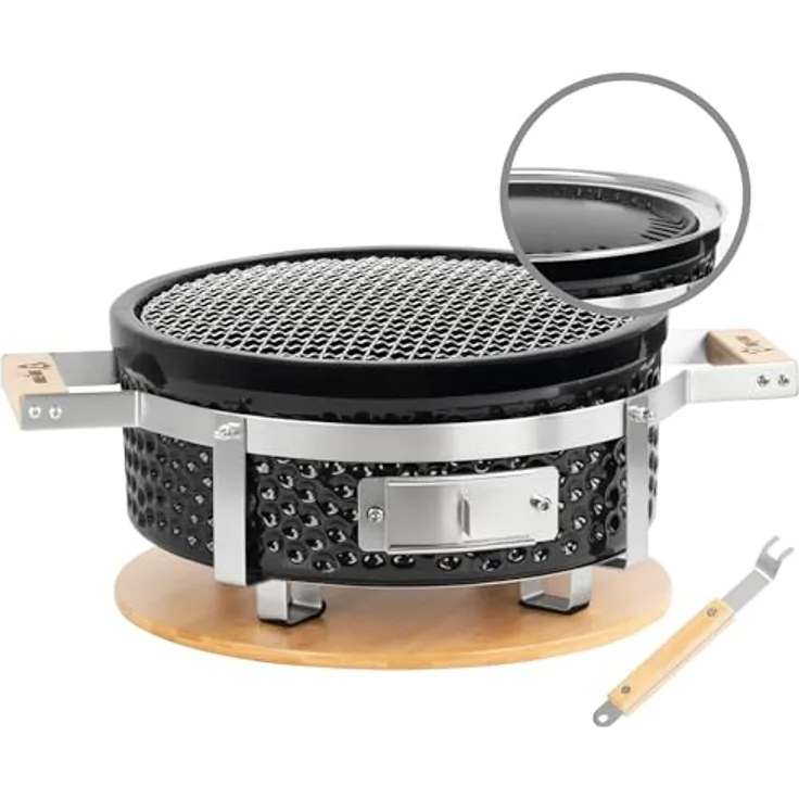 BBQ-Toro Keramik Holzkohletischgrill Ø 29,5 cm, Outdoor Hibachi Grill mit Holzunterlage, ideal für Camping, koreanischen Grill & japanisches BBQ