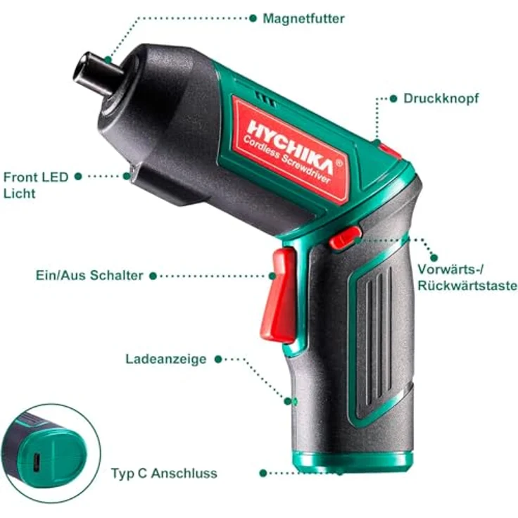 HYCHIKA Akkuschrauber, Cordless Screwdriver 3,6V mit 6Nm Drehmoment, 2000mAh Akku, 20 Zubehörteilen, LED Licht und Magnetfutter – Bild 2